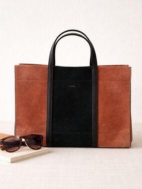 Fossil Leather & Suede Tote Bag Brown Black Structured Carryall
